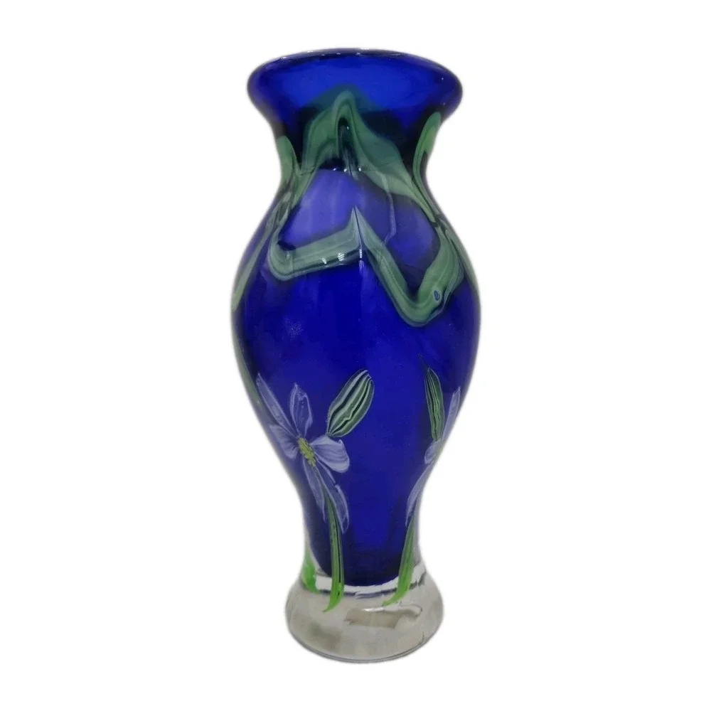 Art Glass Vase Cobalt Blue With White Flower 10